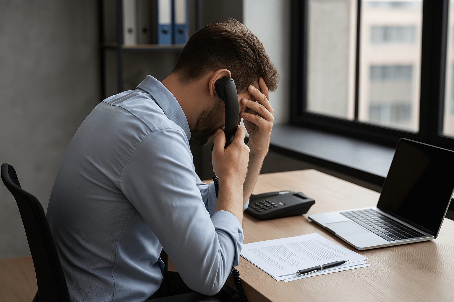 Salesperson on the phone a man holding his head in his hands while sitting at a desk