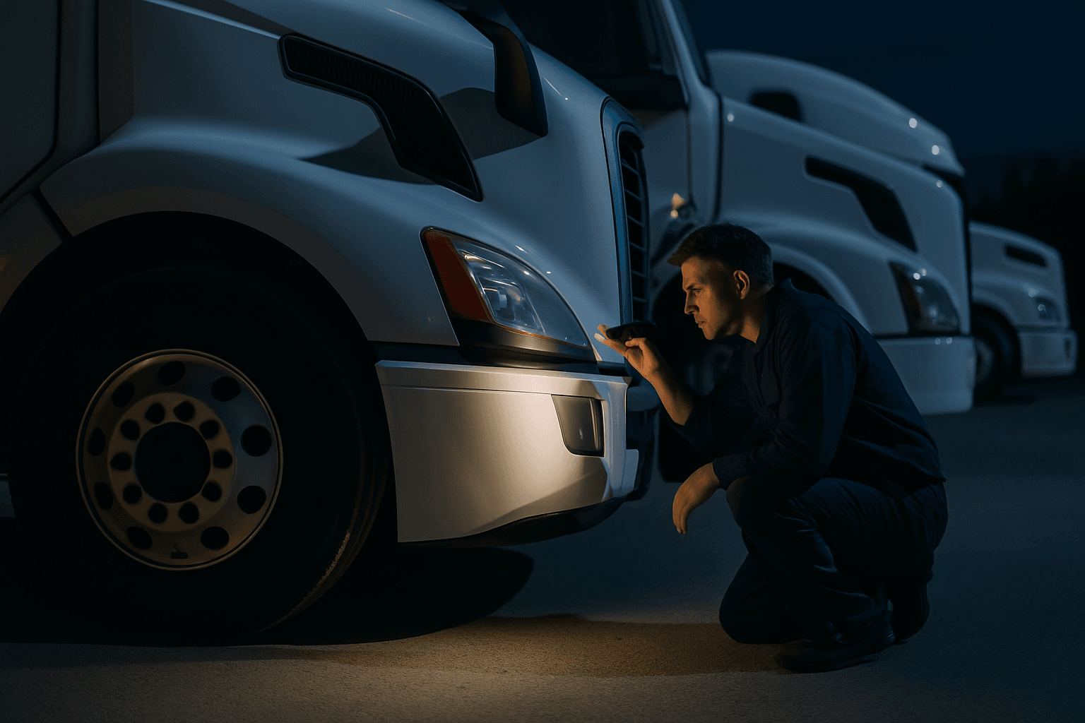 a man looking at a light on a truck