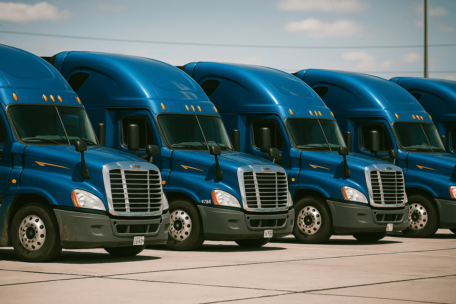 a row of blue semi trucks