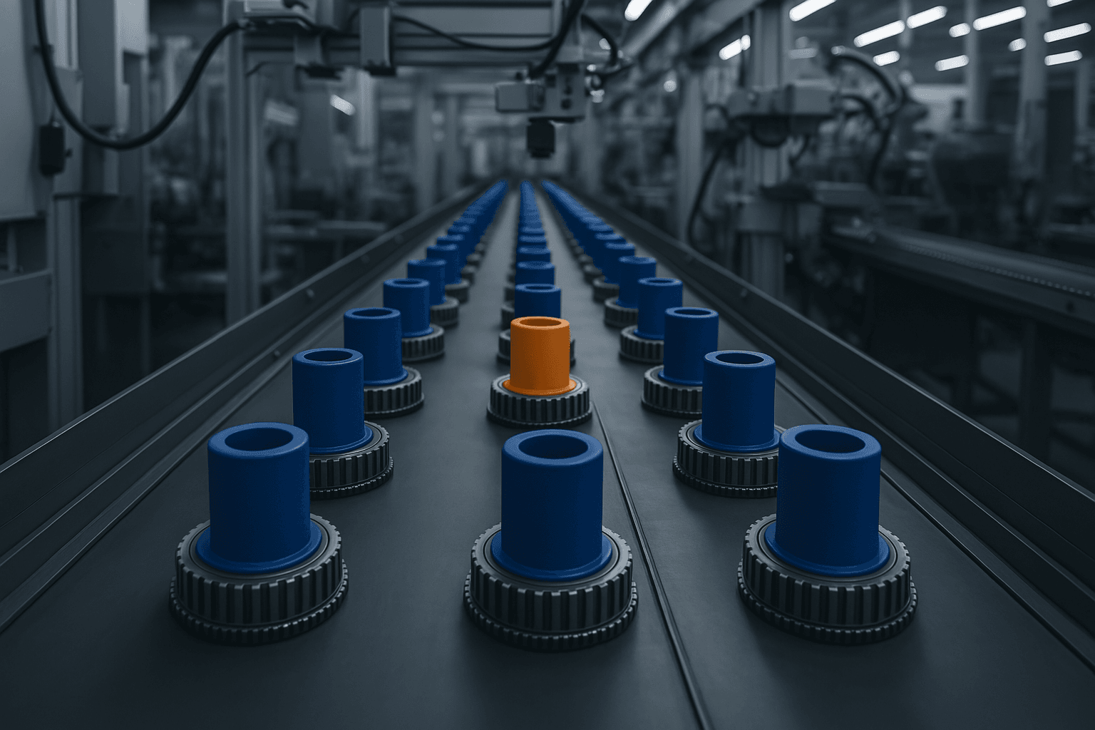 one product different a machine with many blue and orange cylinders