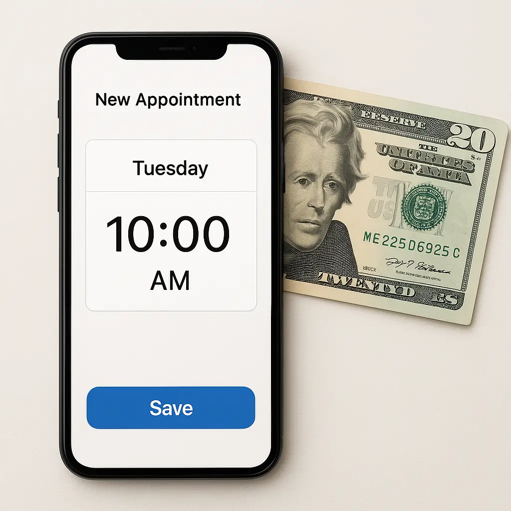 a phone and money on a white surface