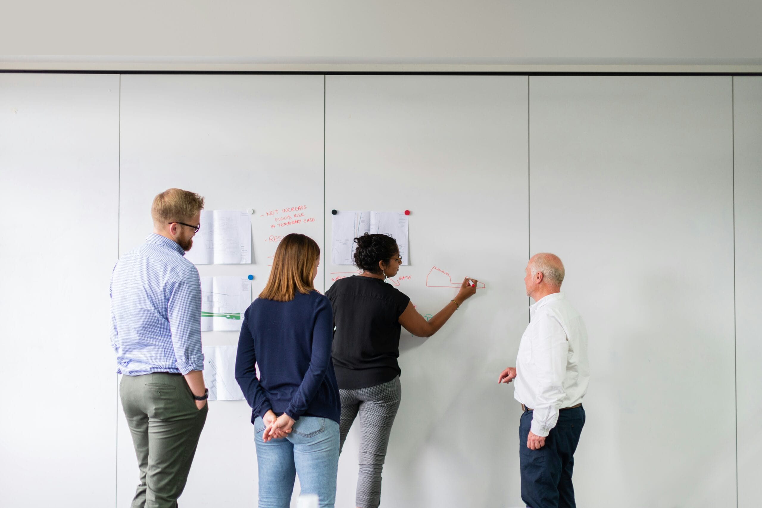a group of people standing around a whiteboard